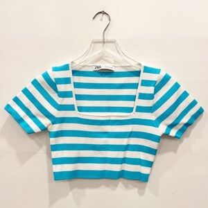 Zara Square Neck Crop Top Blue White Stripe Large